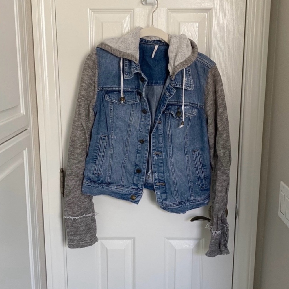 Free People Hooded Denim Jacket with Gray Knit Sleeves - Picture 1 of 3
